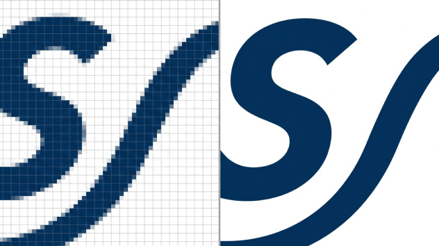 Vergleich zwischen Raster- und Vektorgrafik mit sichtbarem Qualit&auml;tsverlust beim Vergr&ouml;&szlig;ern